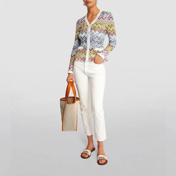 Missoni ZigZag Knit Cardigan Sweater Top 2025 White Crochet Chevron Multicolor - Picture 7 of 16